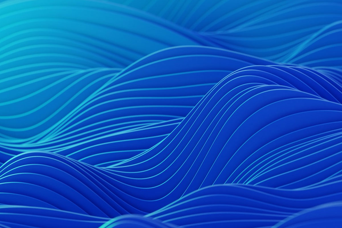 Rendu 3D abstrait de vagues bleues fluides, typique du motion design contemporain